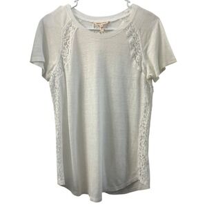 Rebecca Taylor Women's White Linen Lace Insert T Shirt Size Medium Cottage Chic